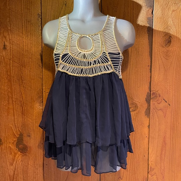 Boston Proper Tops - New BOSTON PROPER tunic tank top navy crochet and beads top notch bohemian SM MD